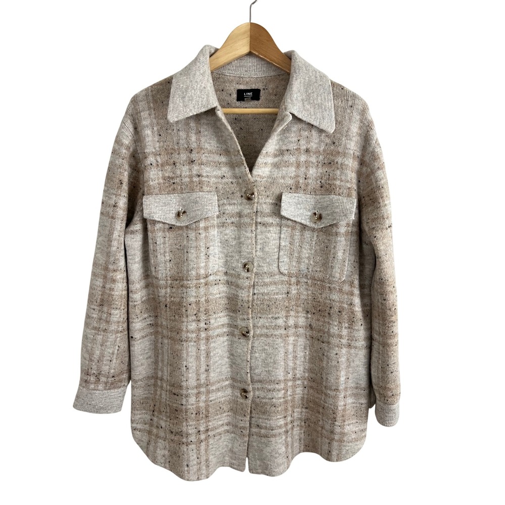 Line Brand Knit Shacket Womens Small Beige Plaid Button Up Oversized Shacket